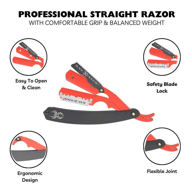 Black Widow Professional Barber Straight Edge Razor â€“ Stainless Steel Shavette, 1.5 mm Blade Exposure, Matte Black & Red, 10 Double Edge Blades (20 Single-Edge) for Lineups & Beard Shaping - Image 3